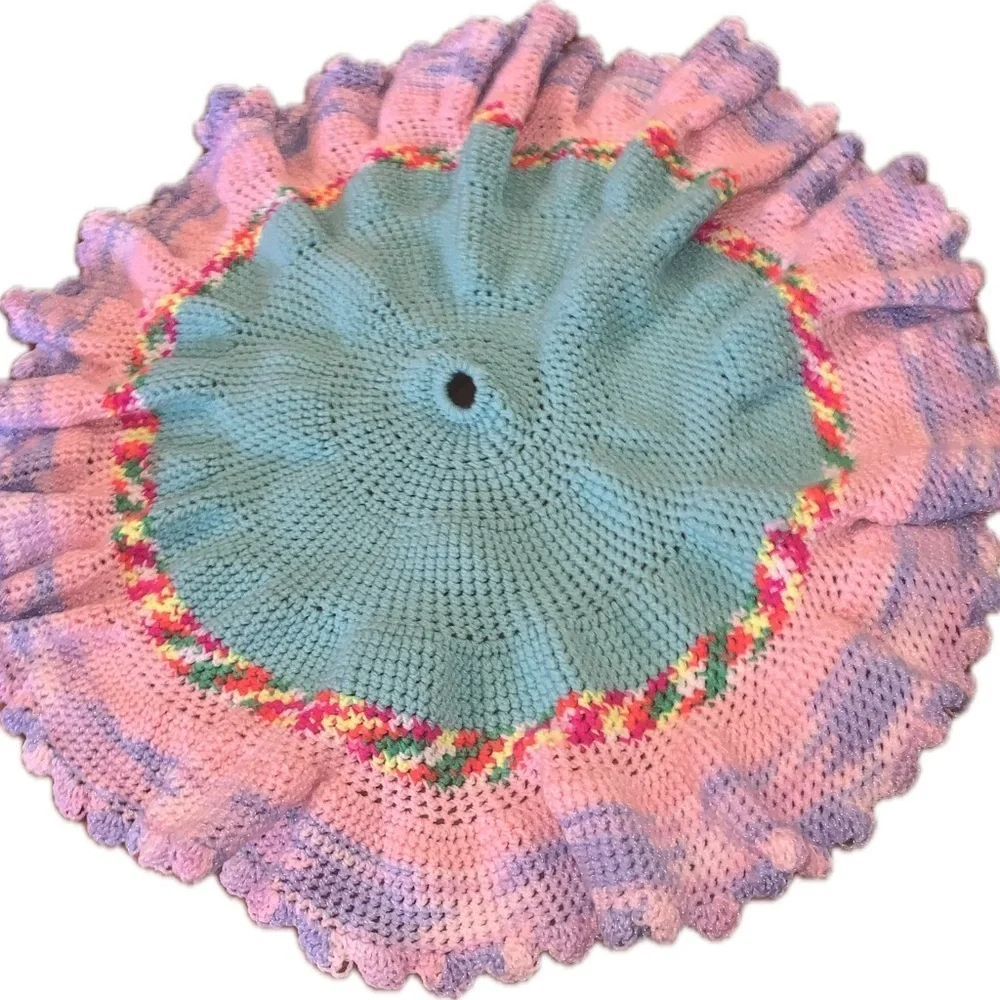 Handmade Scallop Ruffle Teal Green Pink Purple Crochet Christmas Tree Skirt 29”